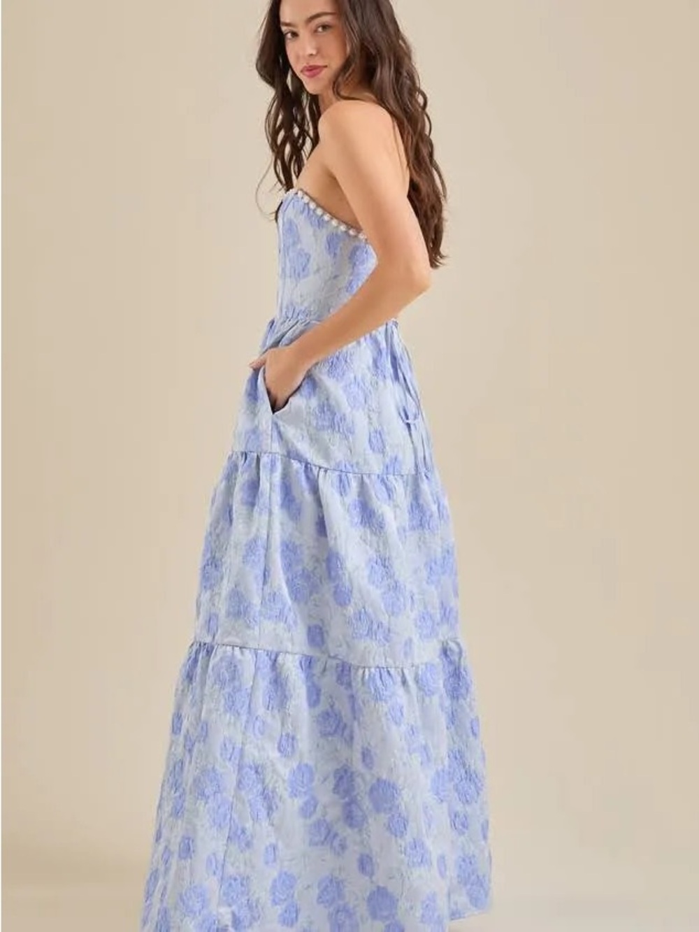 Altar'd State Light Blue Floral Strapless Maxi Dress with Pearl Beading - Picture 2 of 4